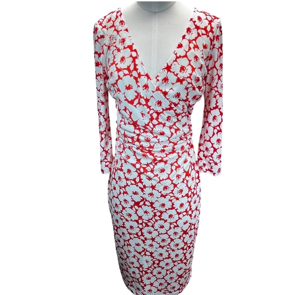 DAVID MEISTER Red White Floral Print Sheath Dress V Neck Ruched Knee‎ Length 6